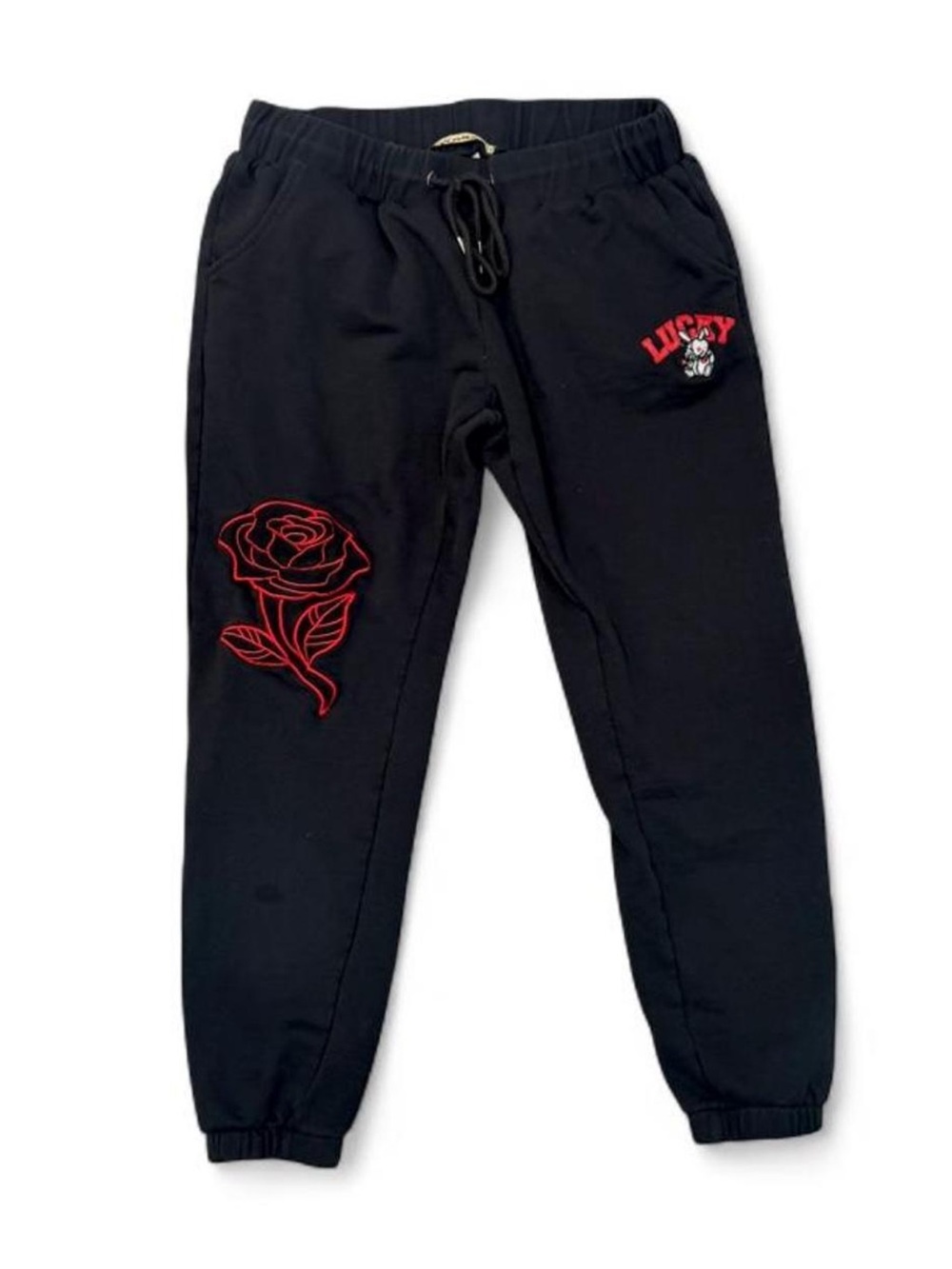 Lucky Charm Black Fleece Sweatpants Red Rose & Voodoo Bunny Size M